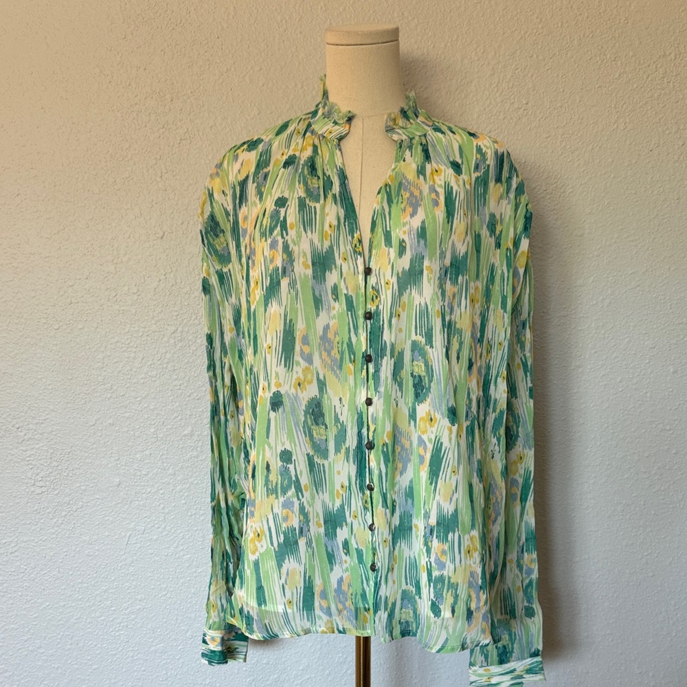 Pilcro Tavi Lightweight Button Front Blouse Green & Yellow size XL - Picture 4 of 16